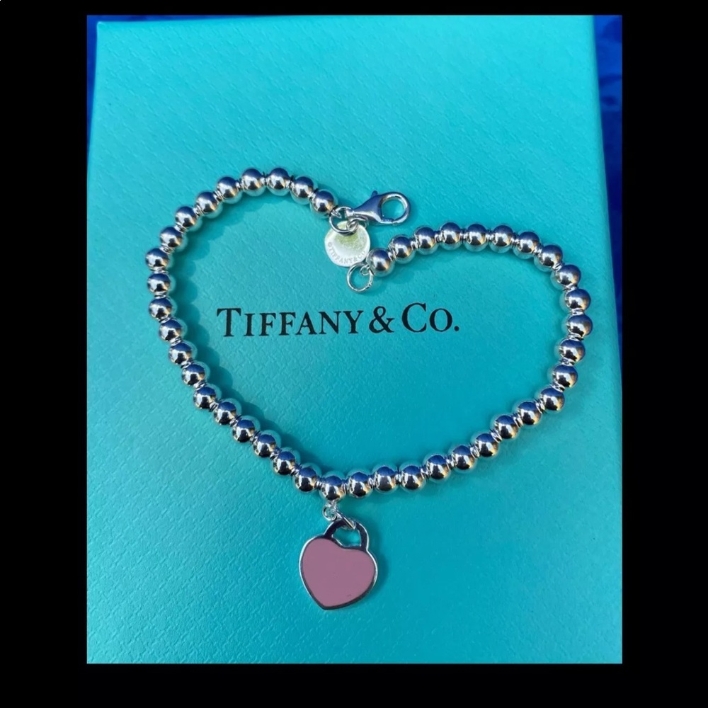 Tiffany & Co. 925 Silver  Pink Enamel Heart Charm Bracelet - 6.5" long
